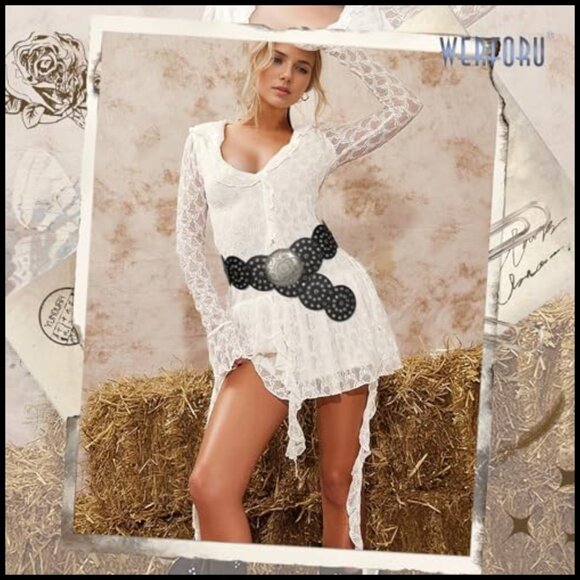 Vintage Western Belt PU Leather Adjustable Disc Buckle Boho Style Waist main image 6